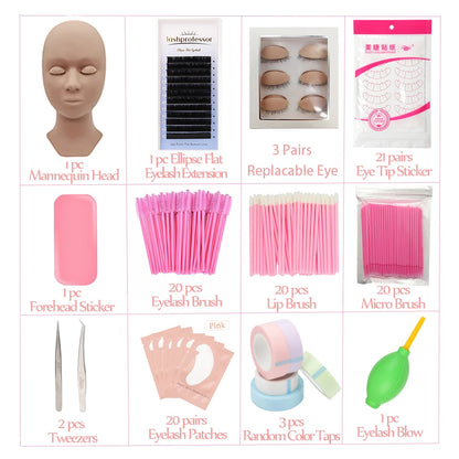 Eyelash Extension Training Kit for Beginners Practice Model Head Mannequin Eye Pads Tweezers Brushes Makeup Set Practice Eyelash