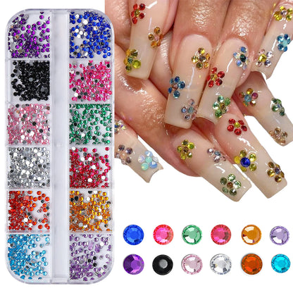 12-Grid Crystal Nail Art Rhinestones – Flatback Gemstones for Nails, Shoes & Makeup