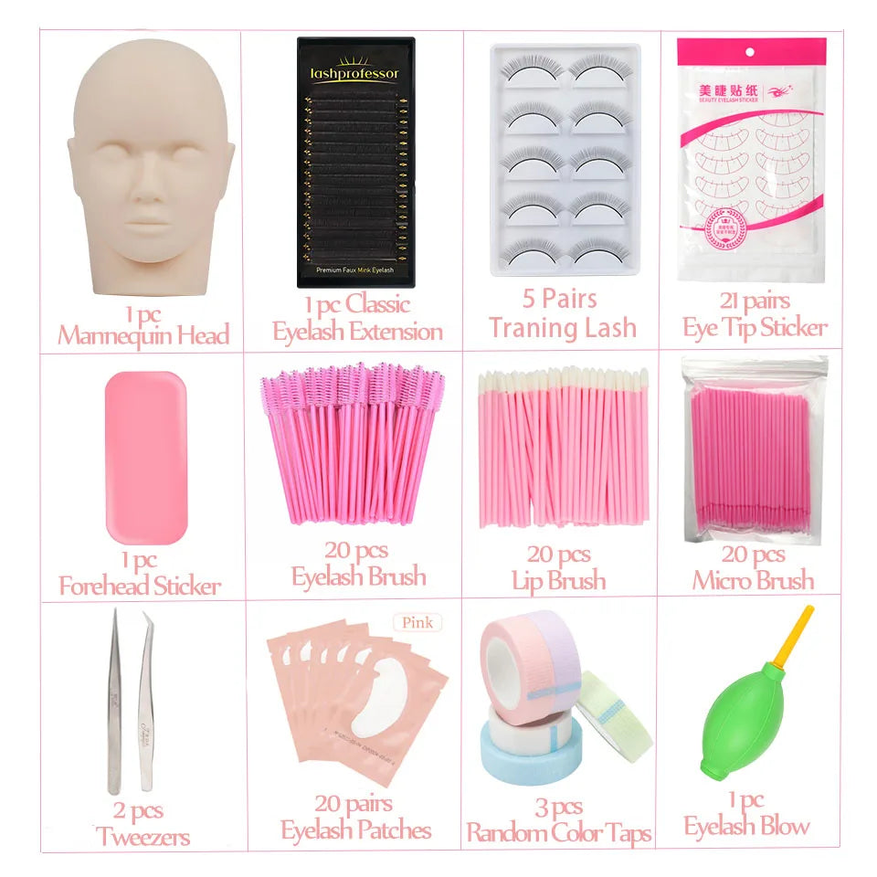 Eyelash Extension Training Kit for Beginners Practice Model Head Mannequin Eye Pads Tweezers Brushes Makeup Set Practice Eyelash