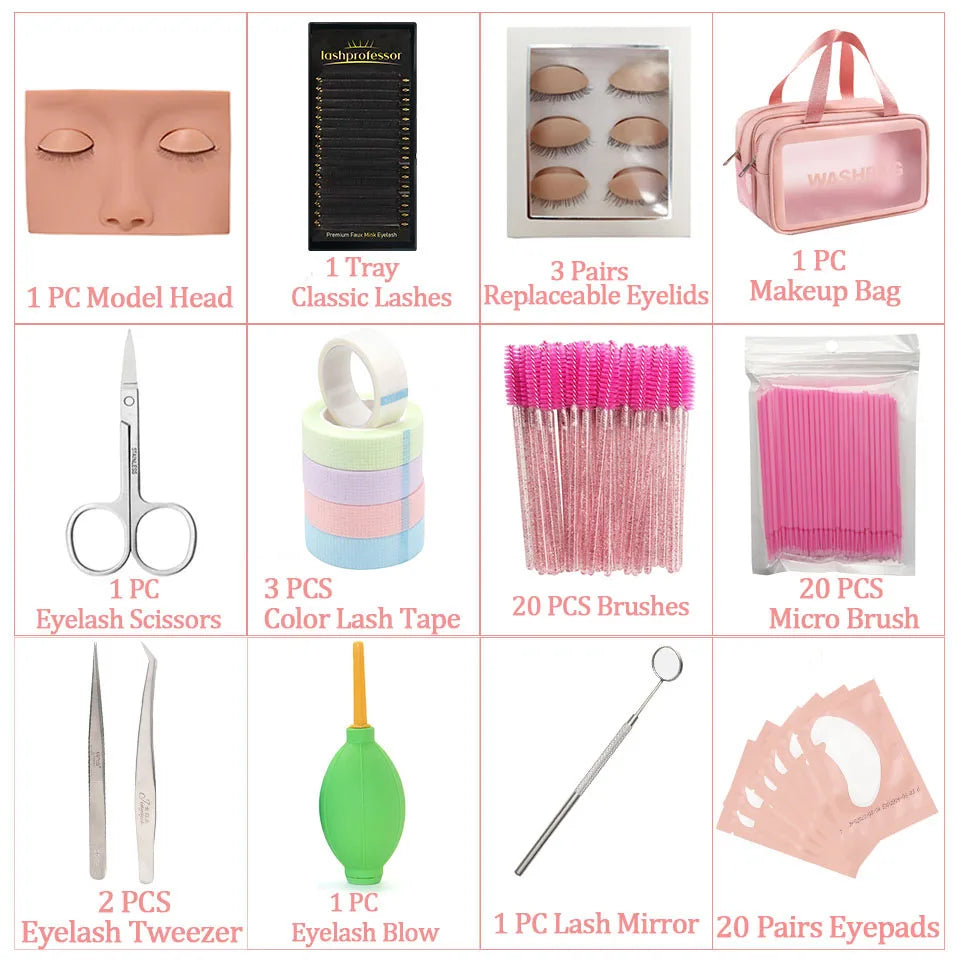 Eyelash Extension Training Kit for Beginners Practice Model Head Mannequin Eye Pads Tweezers Brushes Makeup Set Practice Eyelash
