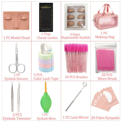 Eyelash Extension Training Kit for Beginners Practice Model Head Mannequin Eye Pads Tweezers Brushes Makeup Set Practice Eyelash