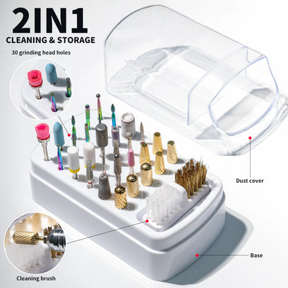 2in1 Nail Drill Bits Storage Box 30 Holes Nail Art Drill Storage Box Grinding Polish Head Bit Holder Display Organizer Dustproof