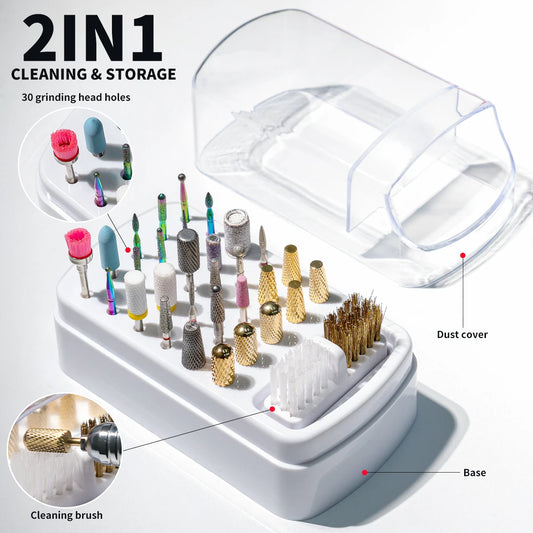 2in1 Nail Drill Bits Storage Box 30 Holes Nail Art Drill Storage Box Grinding Polish Head Bit Holder Display Organizer Dustproof