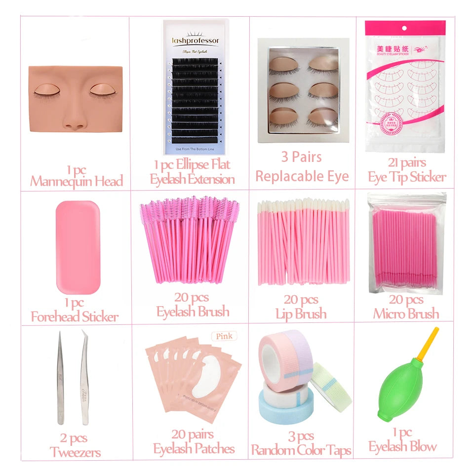 Eyelash Extension Training Kit for Beginners Practice Model Head Mannequin Eye Pads Tweezers Brushes Makeup Set Practice Eyelash