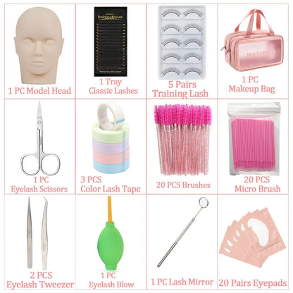 Eyelash Extension Training Kit for Beginners Practice Model Head Mannequin Eye Pads Tweezers Brushes Makeup Set Practice Eyelash