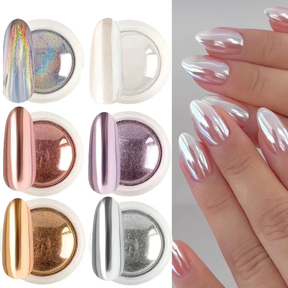 Chrome Mirror Nail Powder – 6pcs Gold Silver Aurora Set