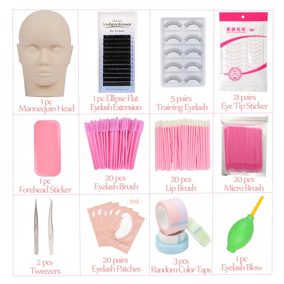 Eyelash Extension Training Kit for Beginners Practice Model Head Mannequin Eye Pads Tweezers Brushes Makeup Set Practice Eyelash