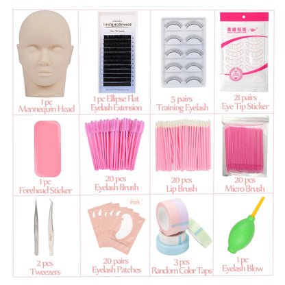 Eyelash Extension Training Kit for Beginners Practice Model Head Mannequin Eye Pads Tweezers Brushes Makeup Set Practice Eyelash