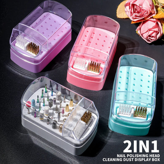 2IN1 Nail Art Drill Storage Box 7/30 Holes Manicure Head Bit Nail Polish Grinding Drill Bits Dust Display Cleaning Storage Box