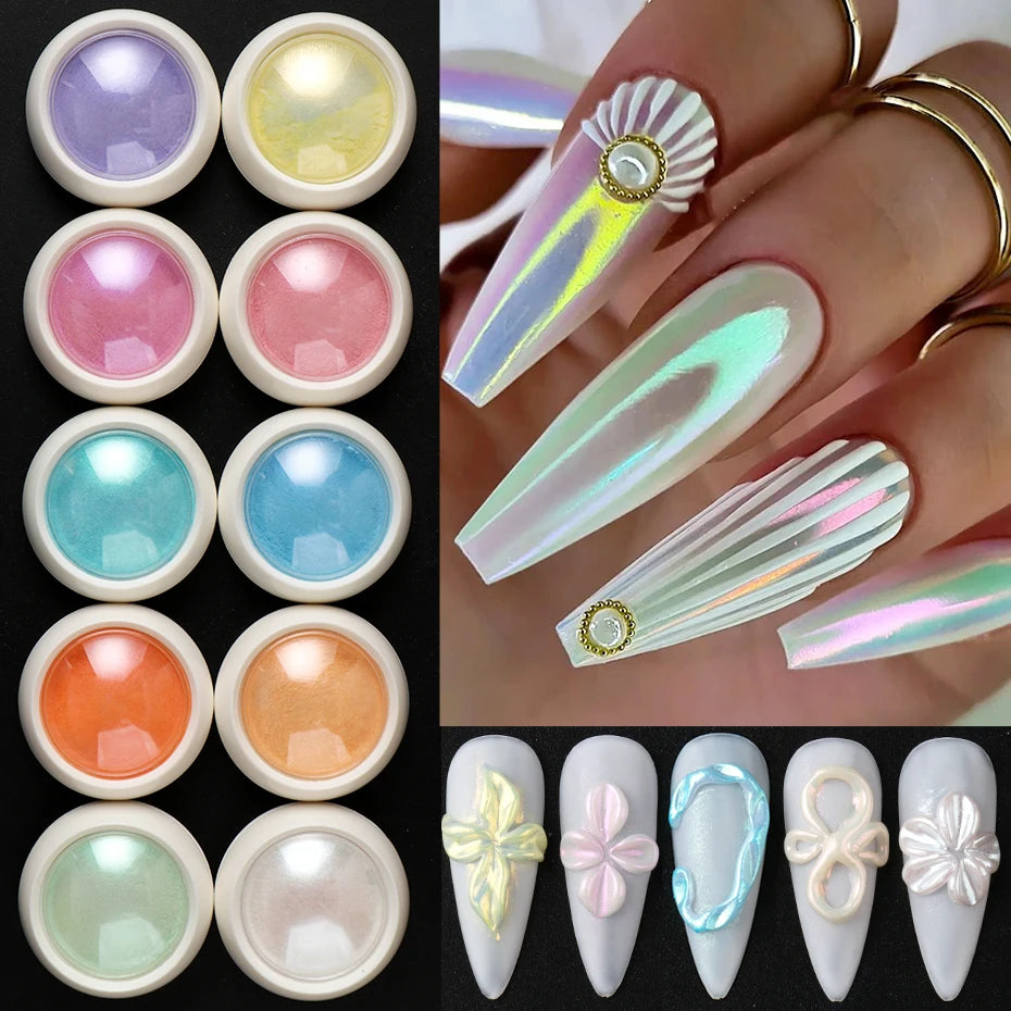Pearlescent Chrome Nail Powder — Iridescent Aurora Glitter Set (10 Boxes)