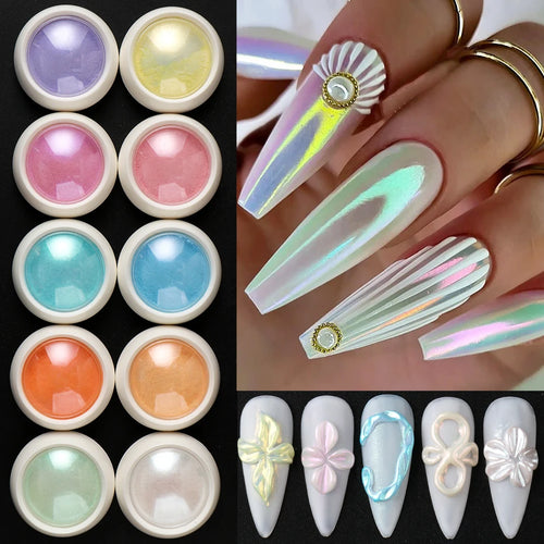Pearlescent Chrome Nail Powder — Iridescent Aurora Glitter Set (10 Boxes)