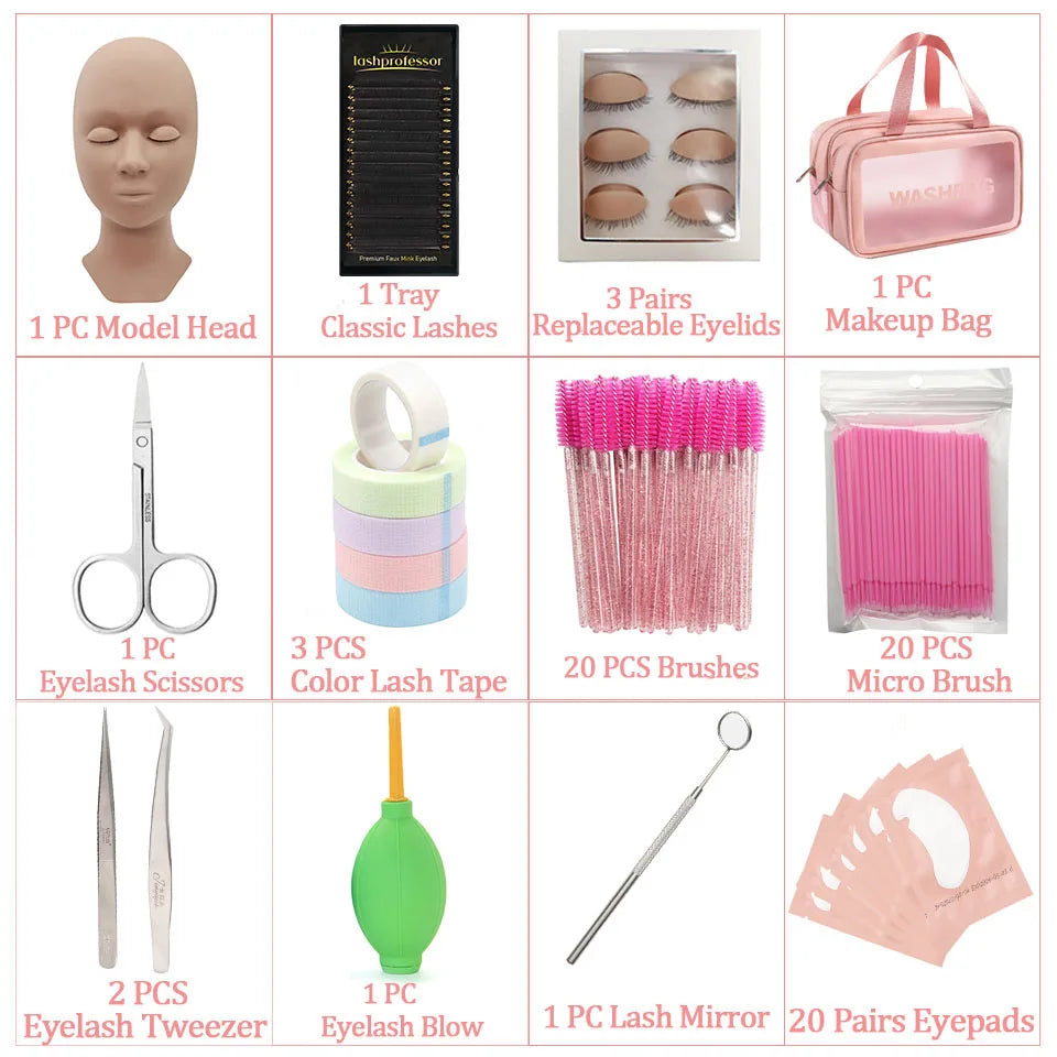 Eyelash Extension Training Kit for Beginners Practice Model Head Mannequin Eye Pads Tweezers Brushes Makeup Set Practice Eyelash