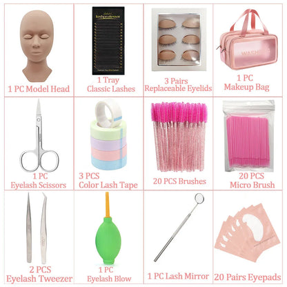 Eyelash Extension Training Kit for Beginners Practice Model Head Mannequin Eye Pads Tweezers Brushes Makeup Set Practice Eyelash