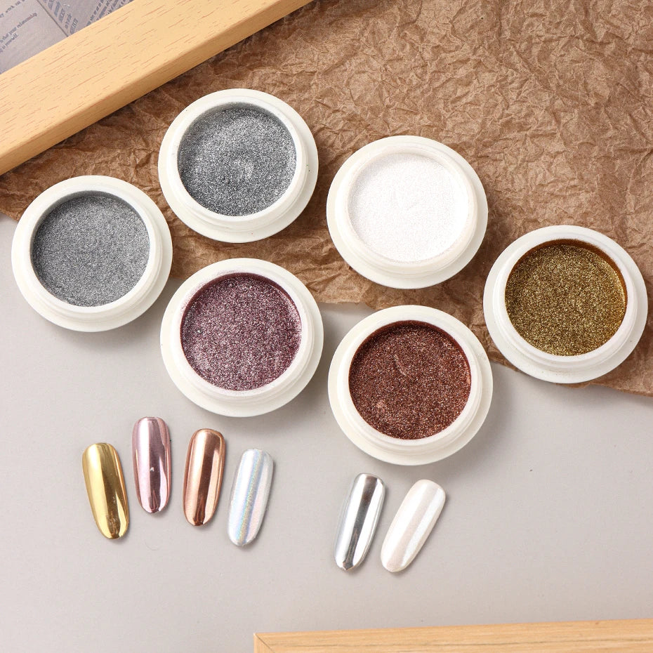 Chrome Mirror Nail Powder – 6pcs Gold Silver Aurora Set