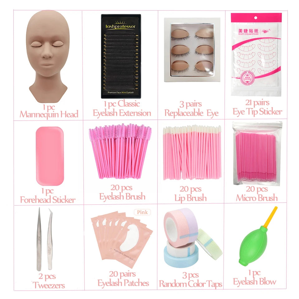 Eyelash Extension Training Kit for Beginners Practice Model Head Mannequin Eye Pads Tweezers Brushes Makeup Set Practice Eyelash