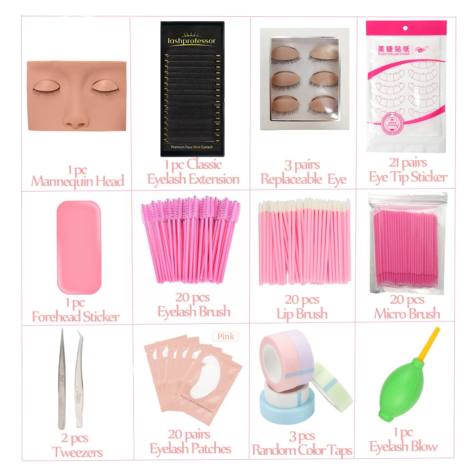 Eyelash Extension Training Kit for Beginners Practice Model Head Mannequin Eye Pads Tweezers Brushes Makeup Set Practice Eyelash