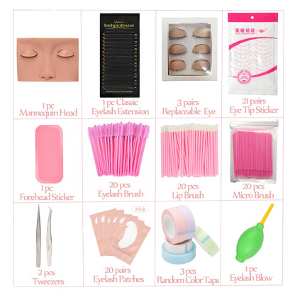 Eyelash Extension Training Kit for Beginners Practice Model Head Mannequin Eye Pads Tweezers Brushes Makeup Set Practice Eyelash