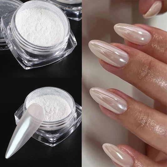 Moonlight Pearl White Nail Powder – Aurora Shell Mirror Chrome Pigment for Manicure