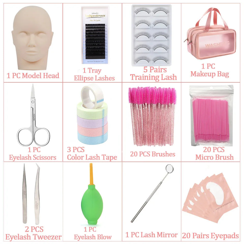Eyelash Extension Training Kit for Beginners Practice Model Head Mannequin Eye Pads Tweezers Brushes Makeup Set Practice Eyelash
