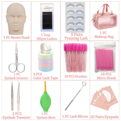 Eyelash Extension Training Kit for Beginners Practice Model Head Mannequin Eye Pads Tweezers Brushes Makeup Set Practice Eyelash