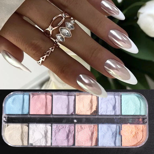 12 Colors Aurora Nail Powder – Iridescent Chrome Mirror Glitter Pigment for Manicure
