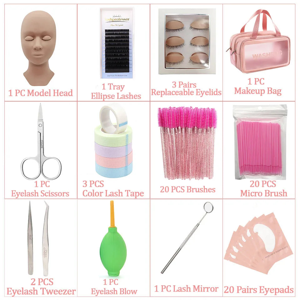 Eyelash Extension Training Kit for Beginners Practice Model Head Mannequin Eye Pads Tweezers Brushes Makeup Set Practice Eyelash