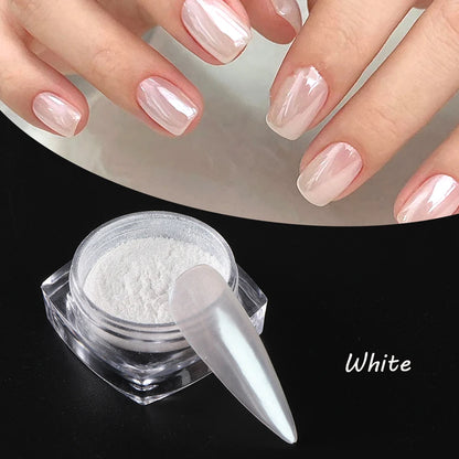 Moonlight Pearl White Nail Powder – Aurora Shell Mirror Chrome Pigment for Manicure
