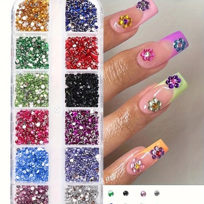 12-Grid Crystal Nail Art Rhinestones – Flatback Gemstones for Nails, Shoes & Makeup