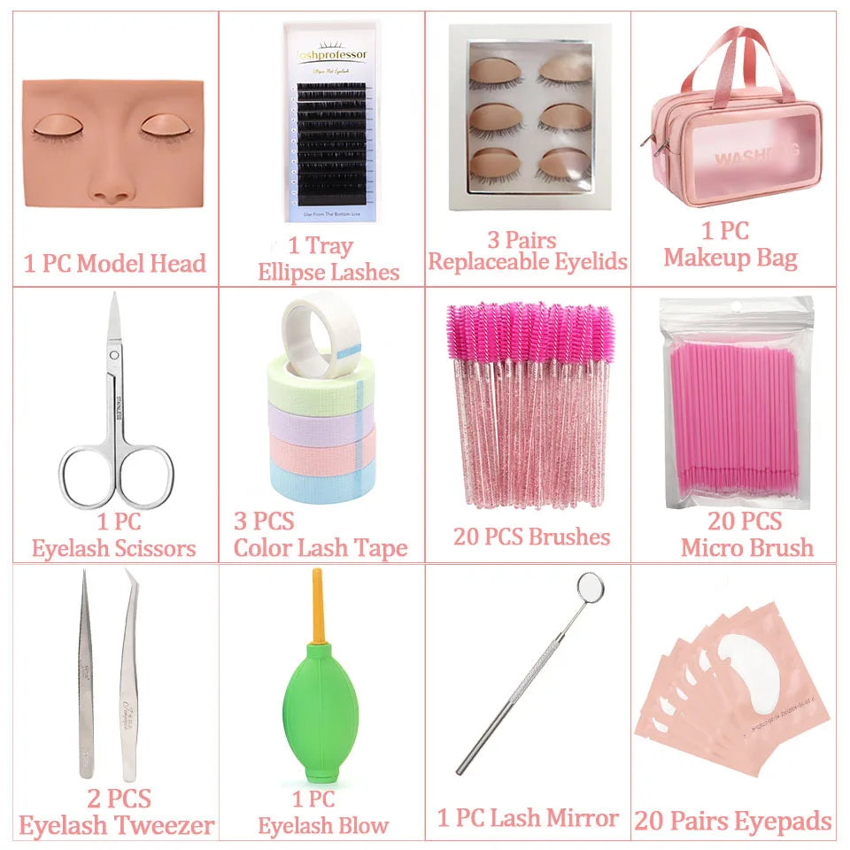 Eyelash Extension Training Kit for Beginners Practice Model Head Mannequin Eye Pads Tweezers Brushes Makeup Set Practice Eyelash