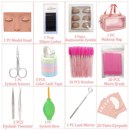 Eyelash Extension Training Kit for Beginners Practice Model Head Mannequin Eye Pads Tweezers Brushes Makeup Set Practice Eyelash