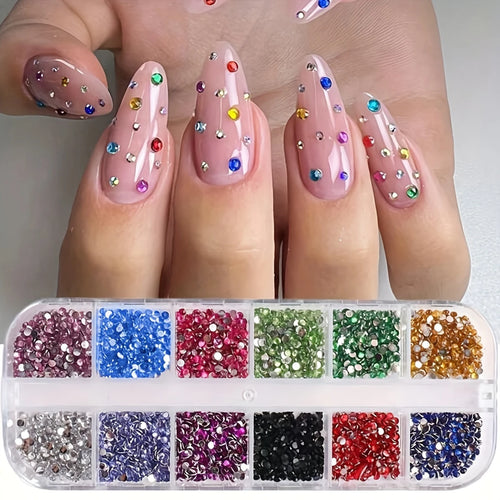 12-Grid Crystal Nail Art Rhinestones – Flatback Gemstones for Nails, Shoes & Makeup