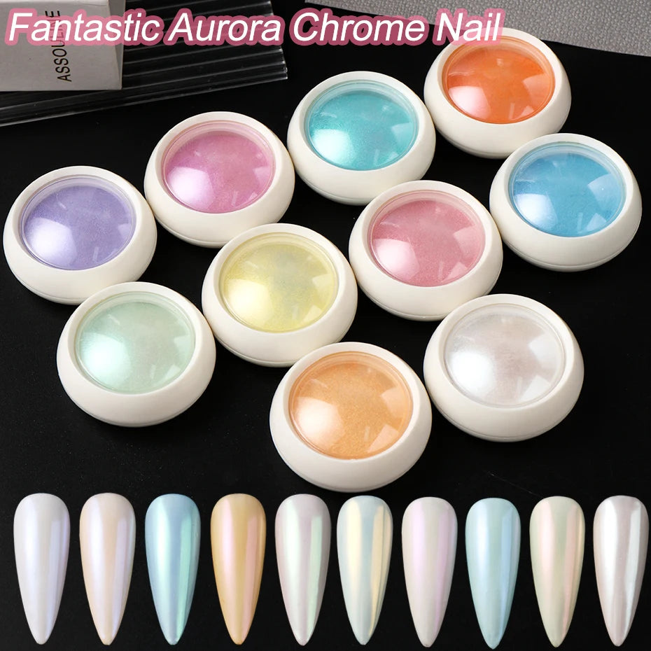 Pearlescent Chrome Nail Powder — Iridescent Aurora Glitter Set (10 Boxes)